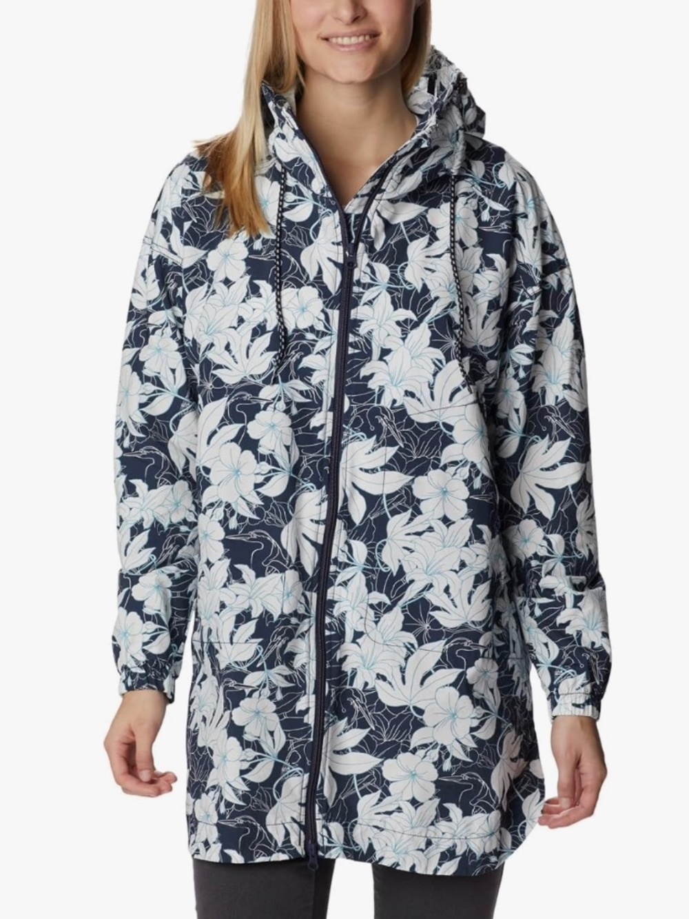Columbia Women's hooded XXL Long Jacket features a navy and white floral